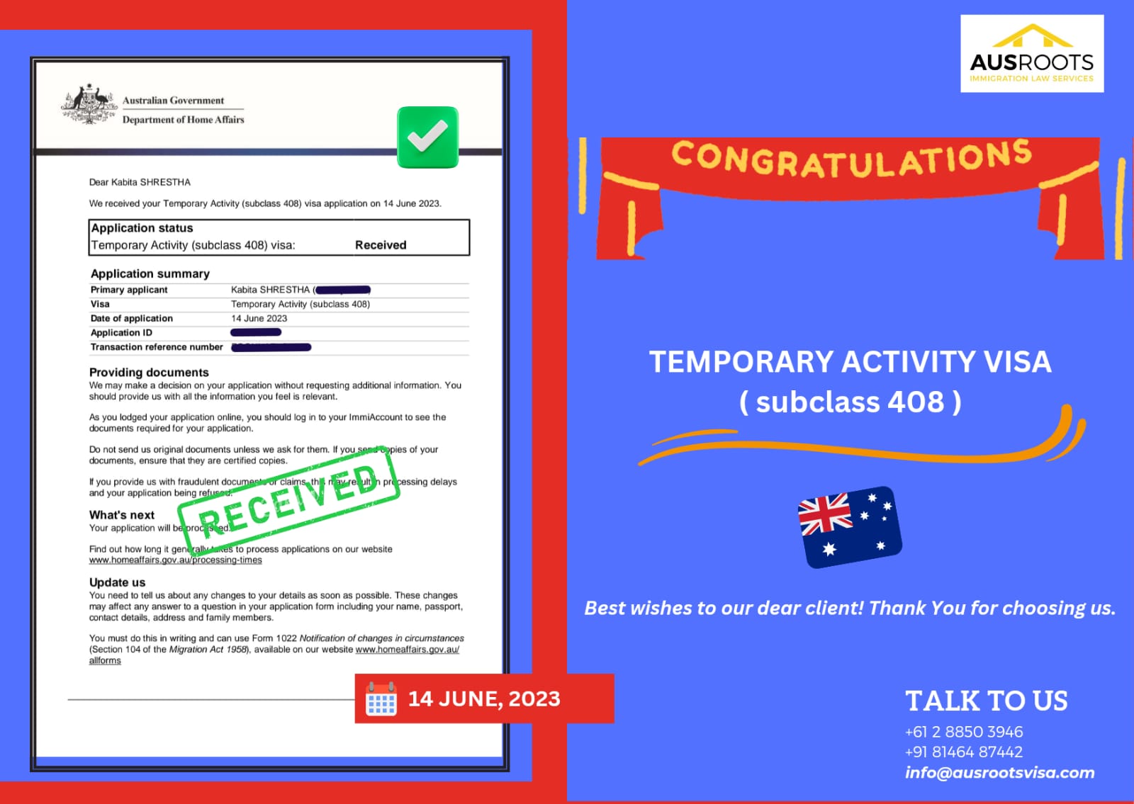 SUCCESSFUL SUBMISSION OF TEMPORARY ACTIVITY VISA subclass 408 Ausroots VISA successful-submission-of-temporary-activity-visa-subclass-408-ausroots-visa