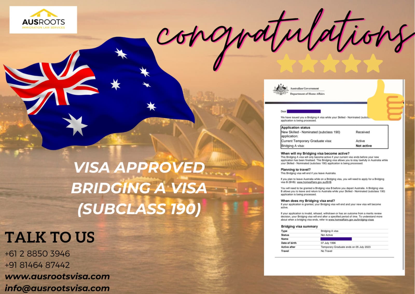 BRIDGING A VISA APPROVED SUBCLASS 190 Ausroots VISA