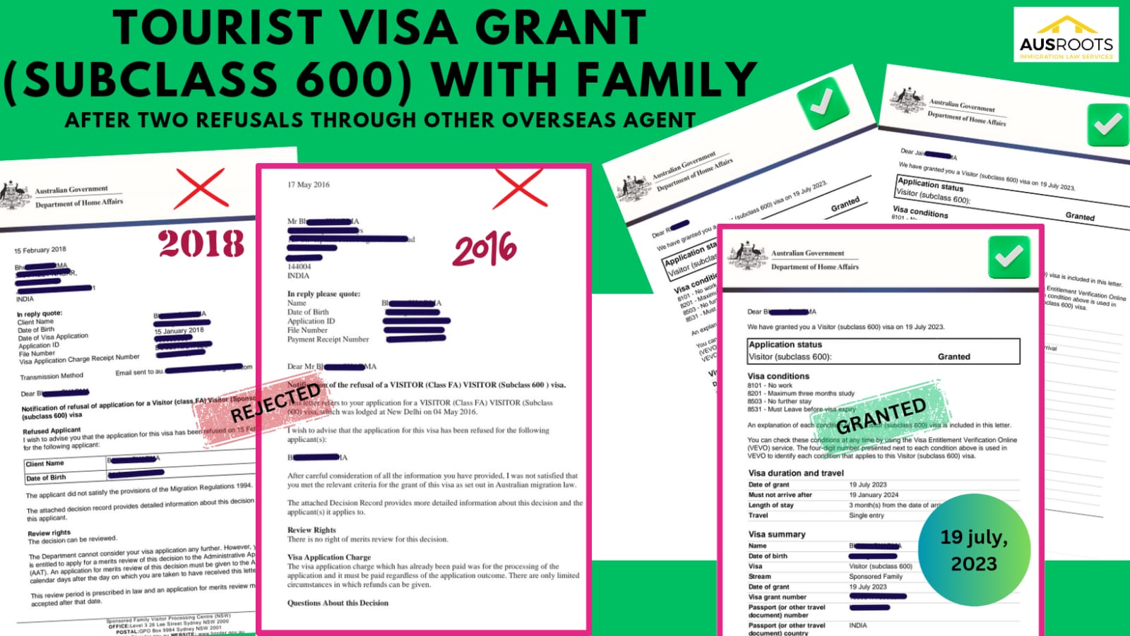 TOURIST VISA GRANT (SUBCLASS 600) WITH FAMILY AFTER TWO REFUSALS THROUGH OVERSEAS AGENTS