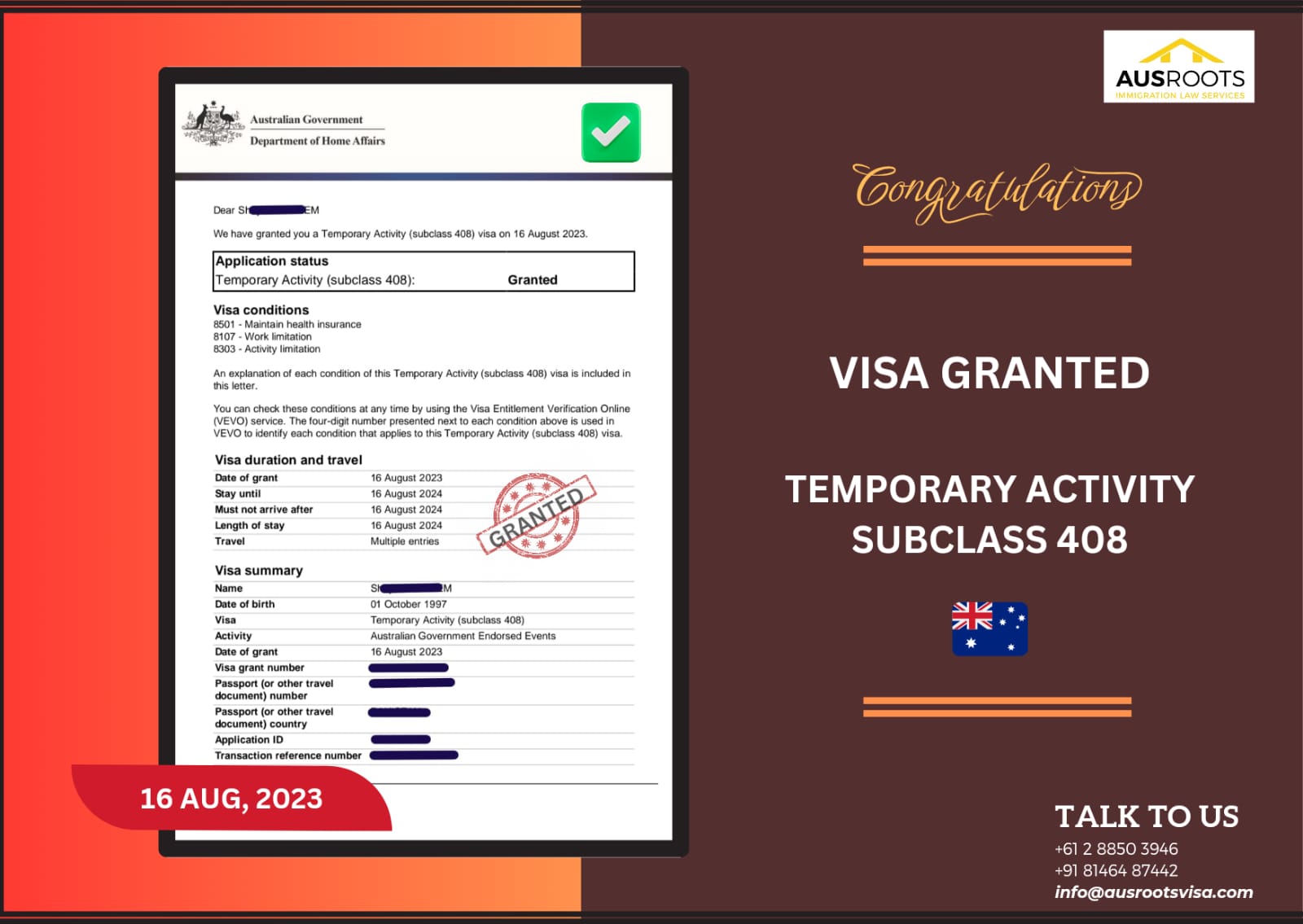 TEMPORARY ACTIVITY (SUBCLASS 408) VISA GRANTED - Ausroots VISA