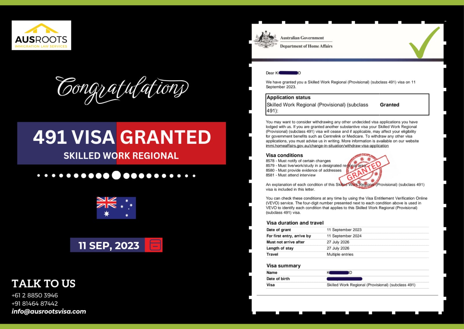 Skilled Work Regional Subclass 491 Visa Granted Ausroots Visa 7692