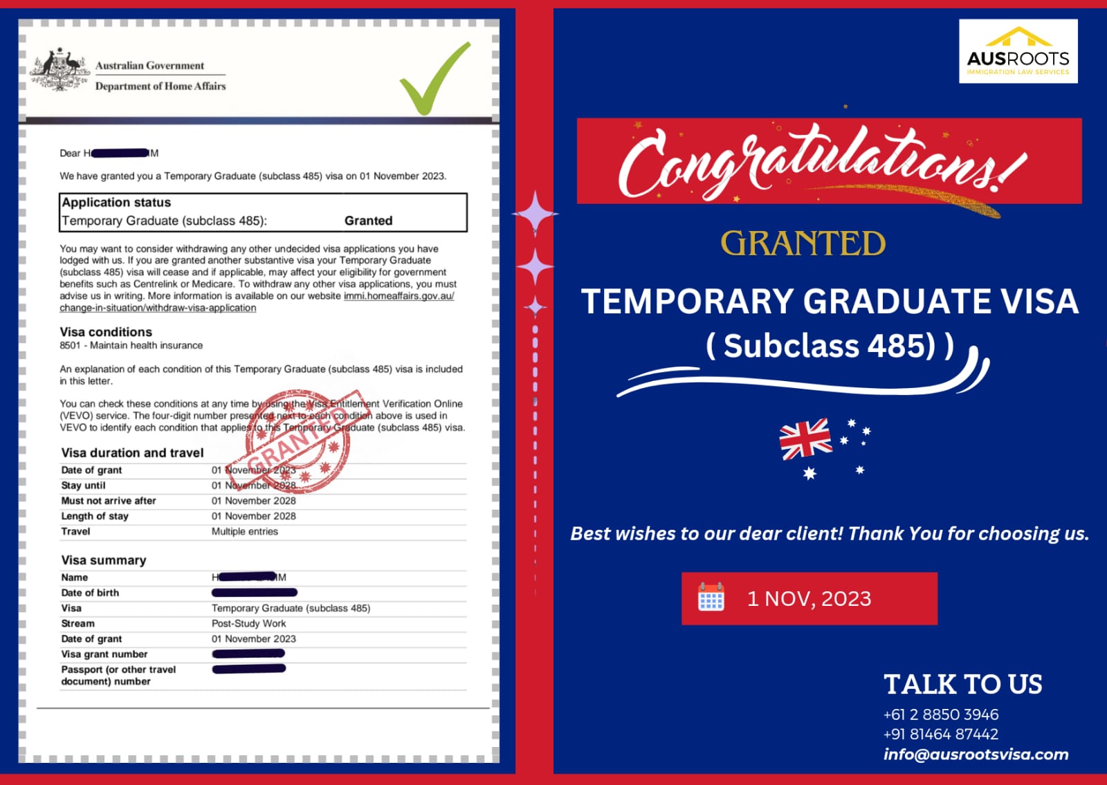 TEMPORARY GRADUATE subclass 485 VISA GRANT Ausroots VISA