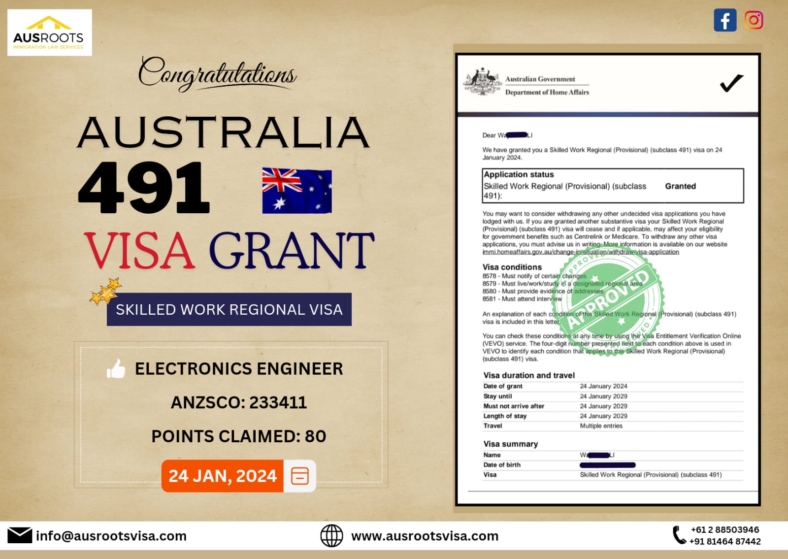 SKILLED WORK REGIONAL (SUBCLASS 491) VISA GRANT TO ELECTRONICS ENGINEER ...