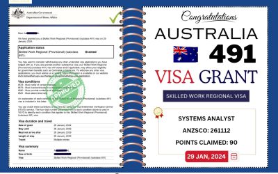 AUSTRALIA SKILLED WORK REGIONAL (SUBCLASS 491) VISA GRANTED TO OFFSHORE SYSTEMS ANALYST ON 29 JAN, 2024