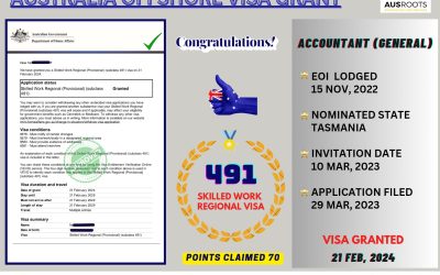 AUSTRALIA SKILLED WORK REGIONAL (SUBCLASS 491) VISA GRANTED TO OFFSHORE ACCOUNTANT AT 70 POINTS