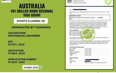 AUSTRALIA 491 SKILLED WORK REGIONAL (SUBCLASS 491) VISA GRANT TO MECHANICAL ENGINEER AT 65 POINTS