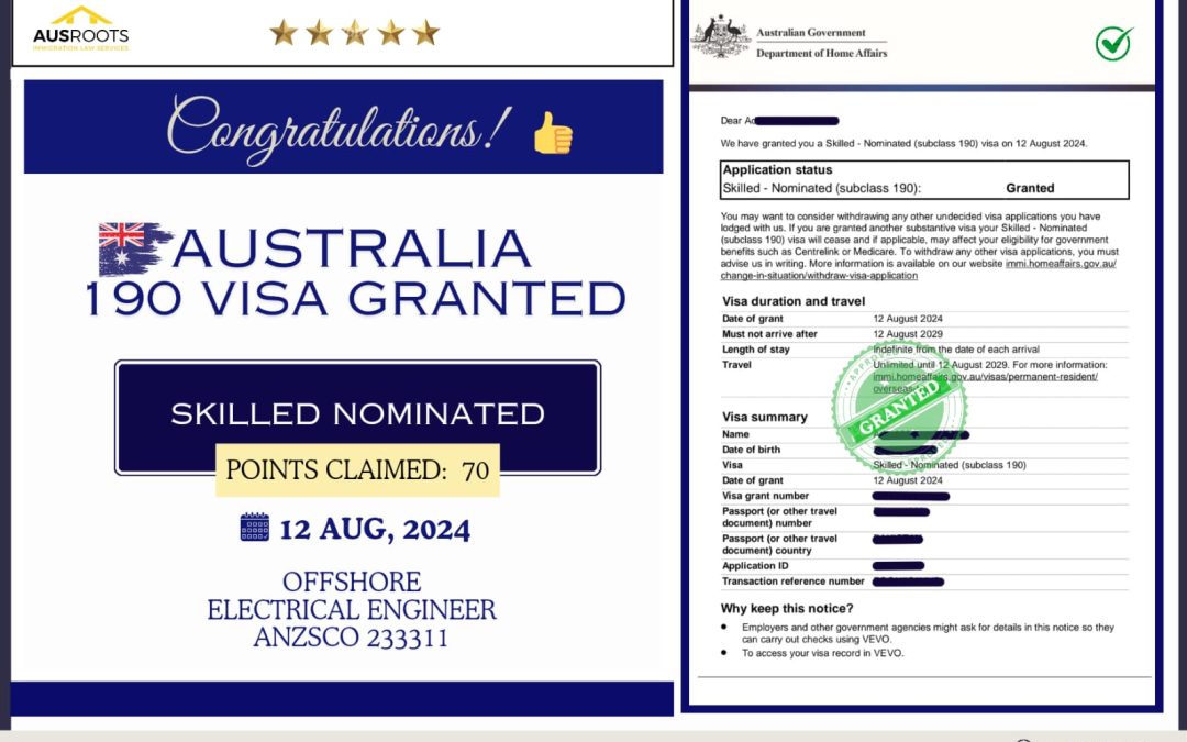 SKILLED NOMINATED (SUBCLASS 190) VISA GRANTED- 12 AUG, 2024