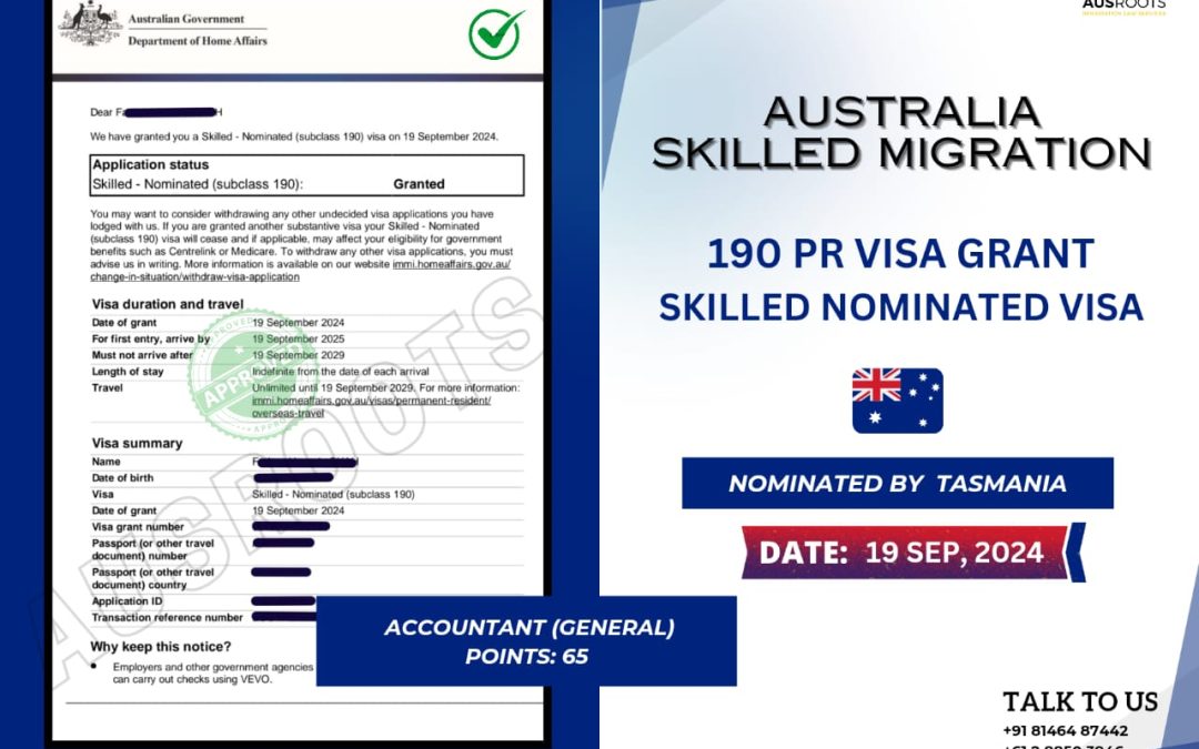 SKILLED NOMINATED (SUBCLASS 190) VISA GRANT TO ACCOUNTANT AT 65 POINTS ONLY- 19 SEP, 2024