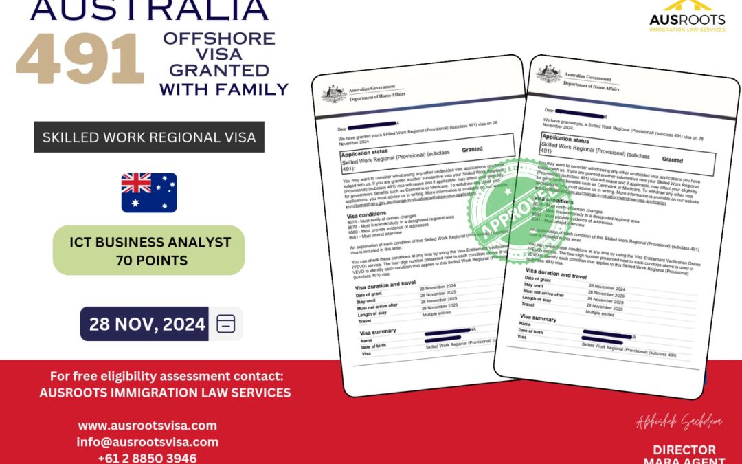 SKILLED WORK REGIONAL (SUBCLASS 491) VISA GRANT- 28 NOV, 2024